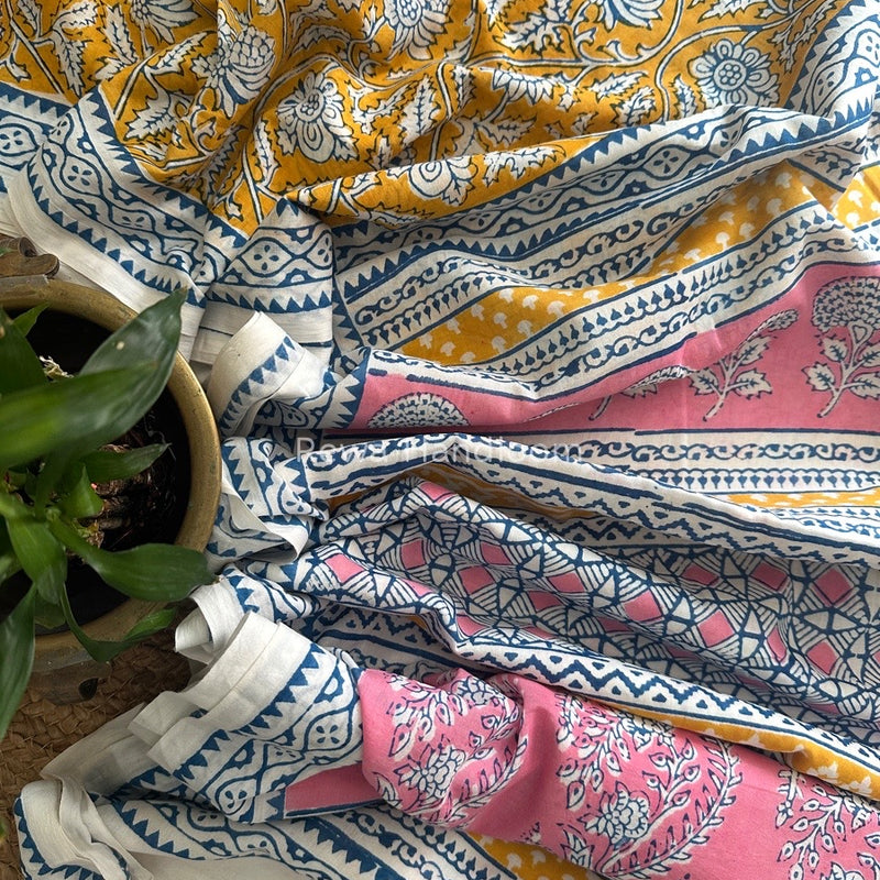Yellow Indigo Cotton Saree IND03