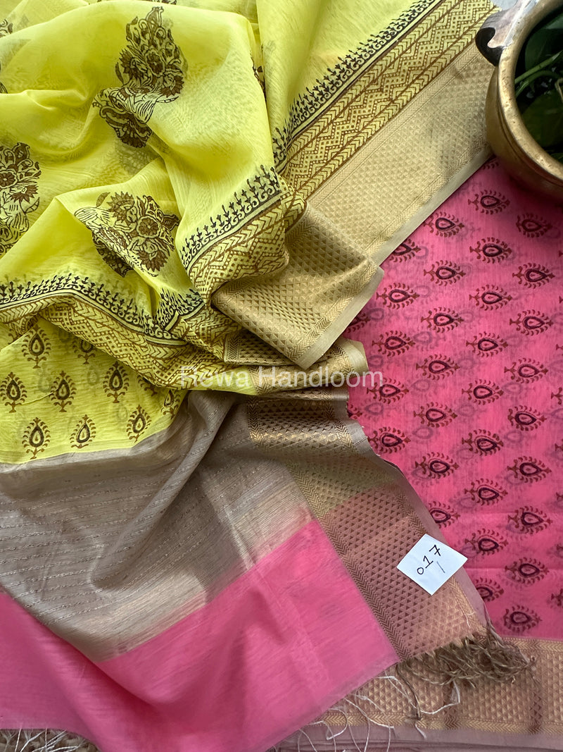 Maheshwari Pink-Yellow Handblock Print Top-Dupatta HBS043