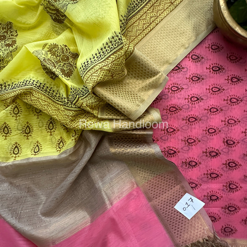 Maheshwari Pink-Yellow Handblock Print Top-Dupatta HBS043