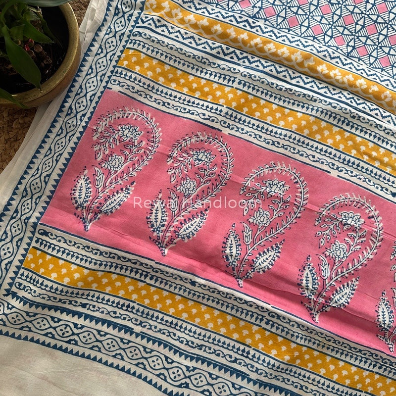 Yellow Indigo Cotton Saree IND03