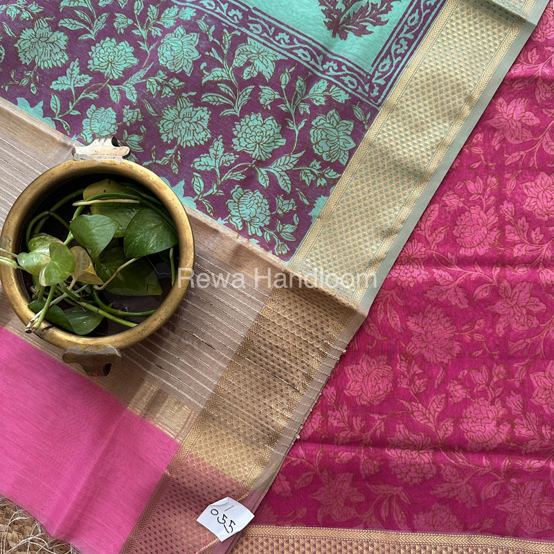 Maheshwari Rani Pink-Sea Green Handblock Print Top-Dupatta-HBS051