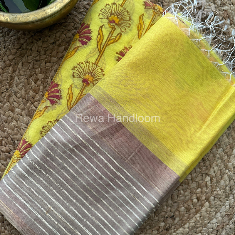 Maheshwari Yellow-Pink Handblock Print Top-Dupatta-HBS048