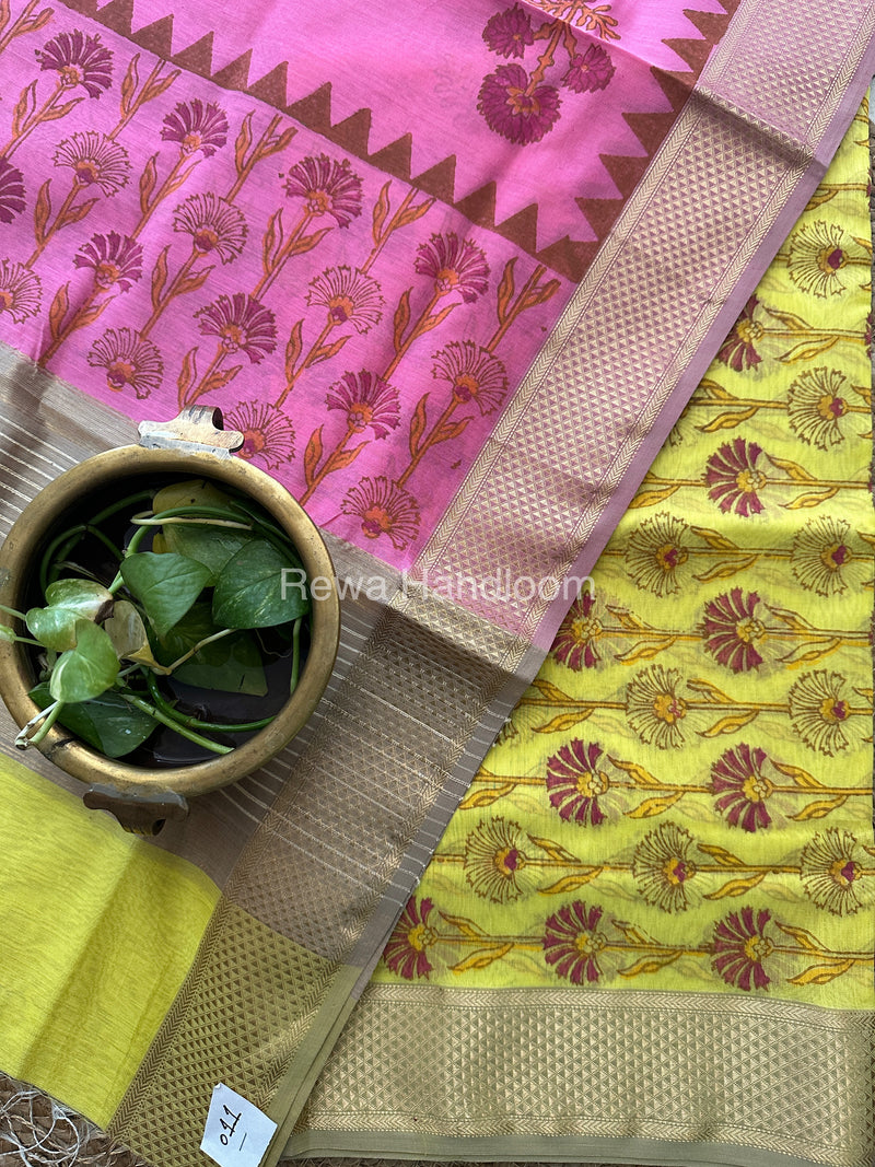 Maheshwari Yellow-Pink Handblock Print Top-Dupatta-HBS048