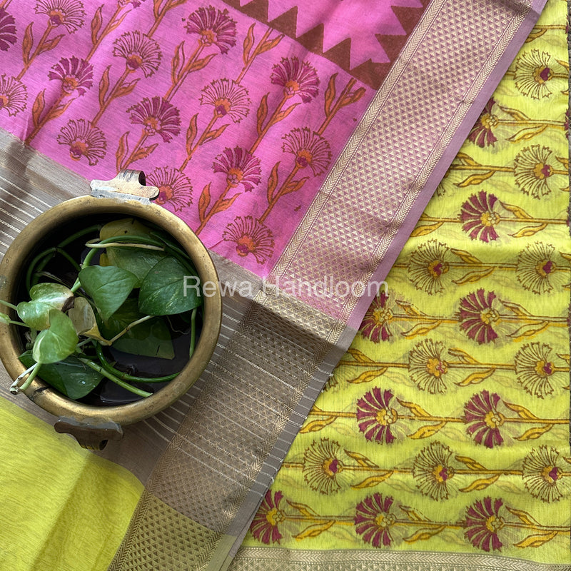 Maheshwari Yellow-Pink Handblock Print Top-Dupatta-HBS048