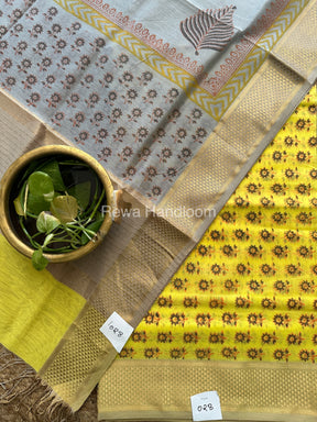 Maheshwari Yellow-Grey Handblock Print Top-Dupatta-HBS045