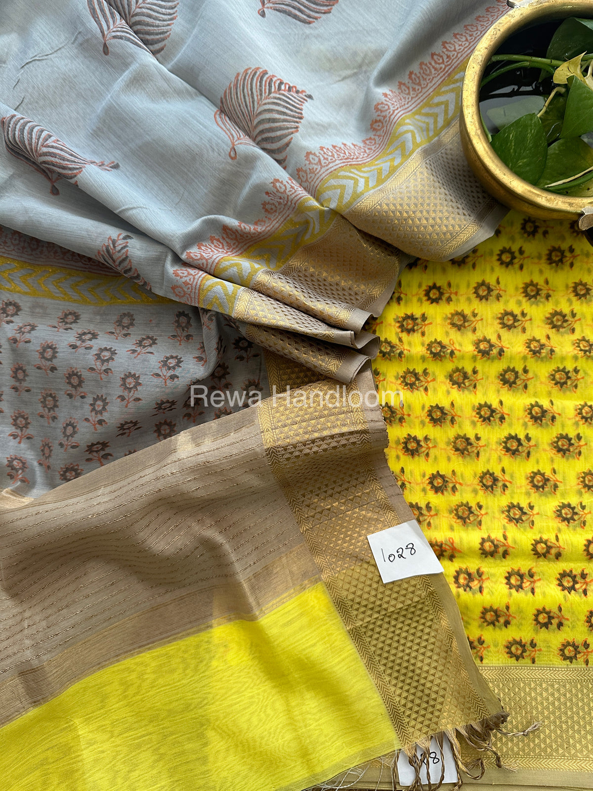 Maheshwari Yellow-Grey Handblock Print Top-Dupatta-HBS045