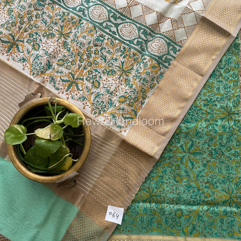 Maheshwari Sea Green-White Handblock Print Top-Dupatta-HBS070