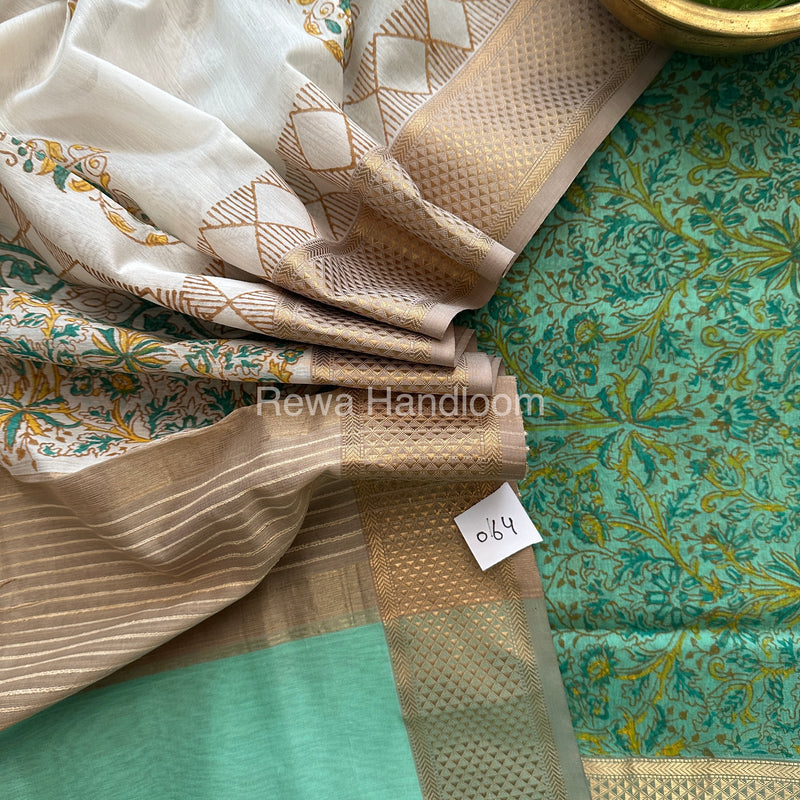 Maheshwari Sea Green-White Handblock Print Top-Dupatta-HBS070