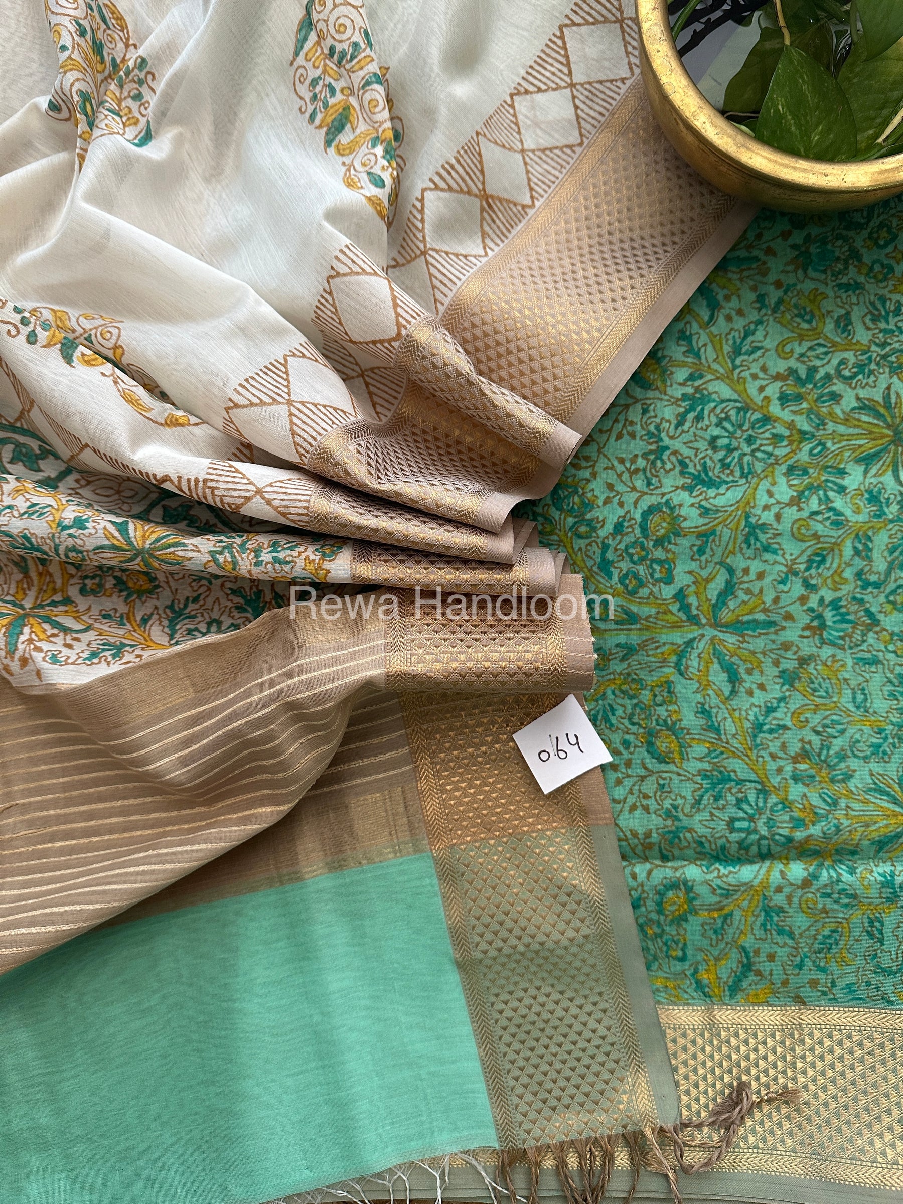 Maheshwari Sea Green-White Handblock Print Top-Dupatta-HBS070