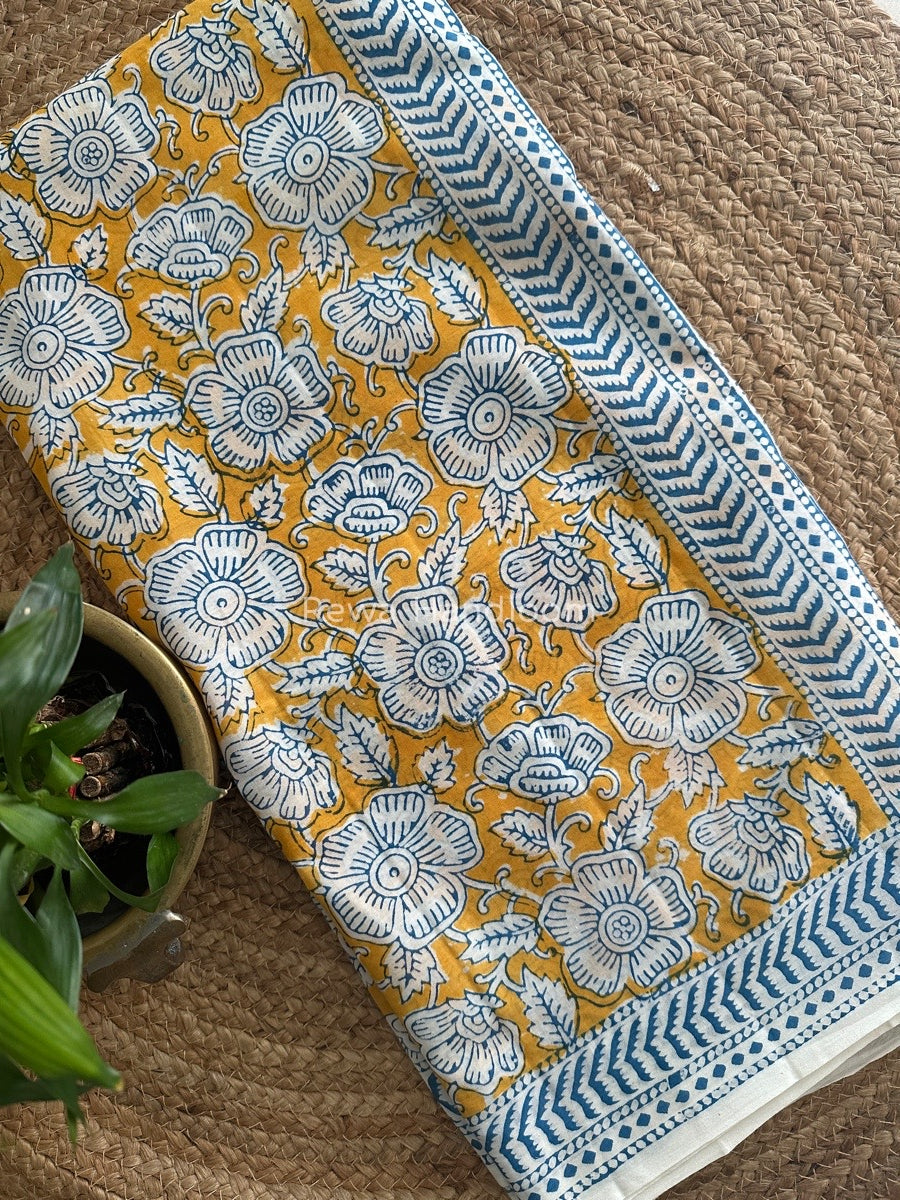 Yellow Indigo Cotton Saree IND013
