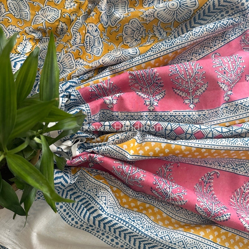 Yellow Indigo Cotton Saree IND013