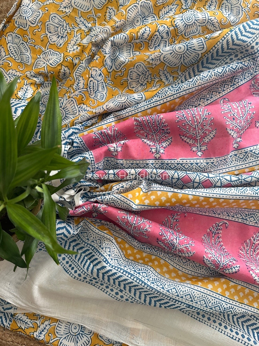 Yellow Indigo Cotton Saree IND013