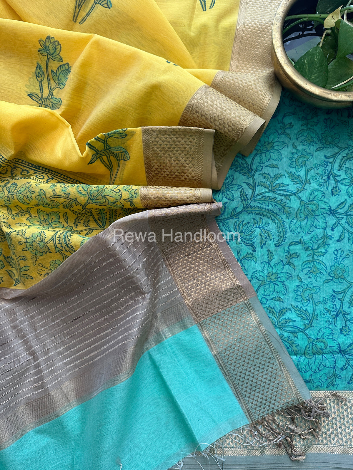 Maheshwari Sea Green-Yellow Handblock Print Top-Dupatta-HBS068