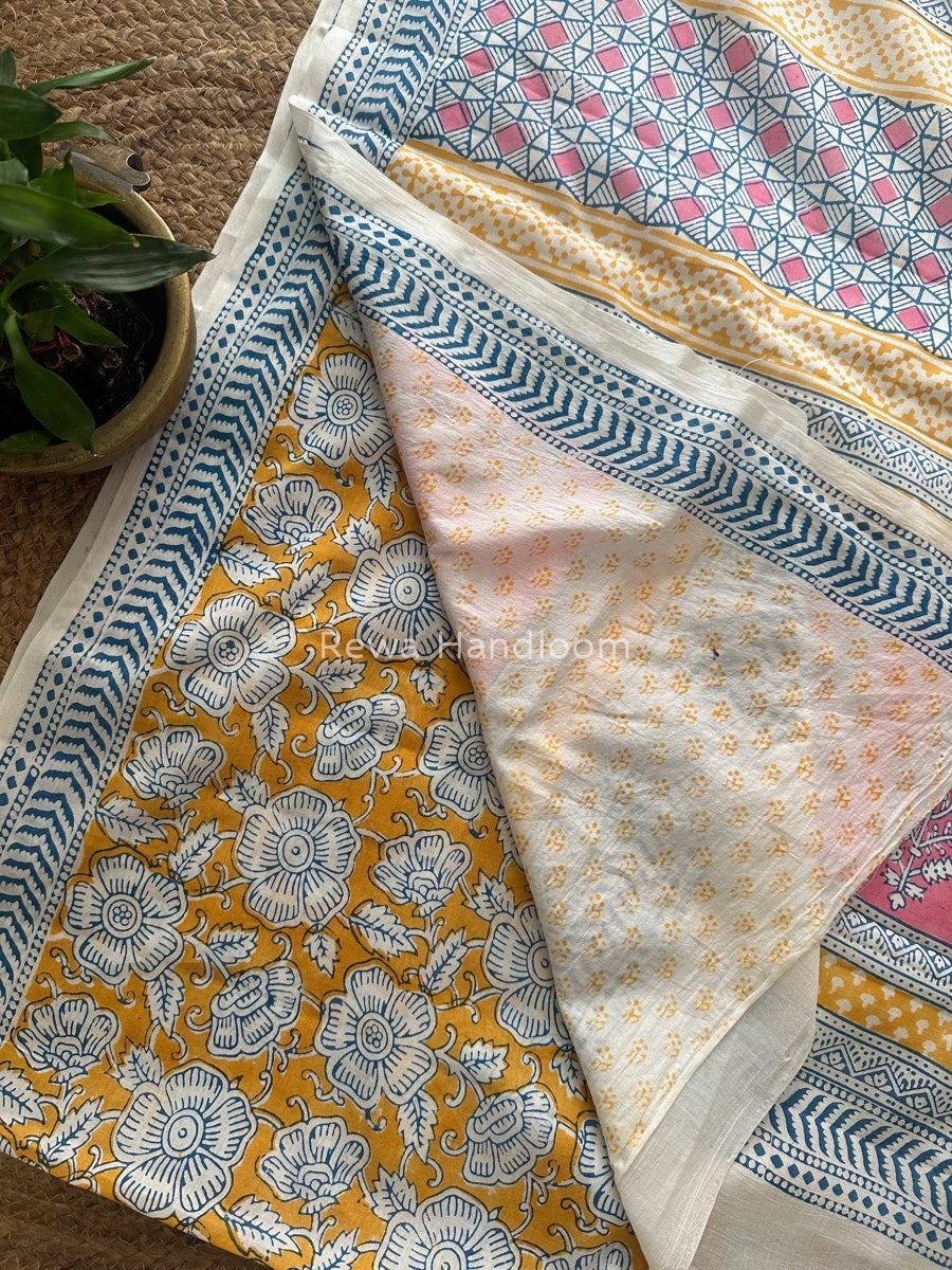 Yellow Indigo Cotton Saree IND013