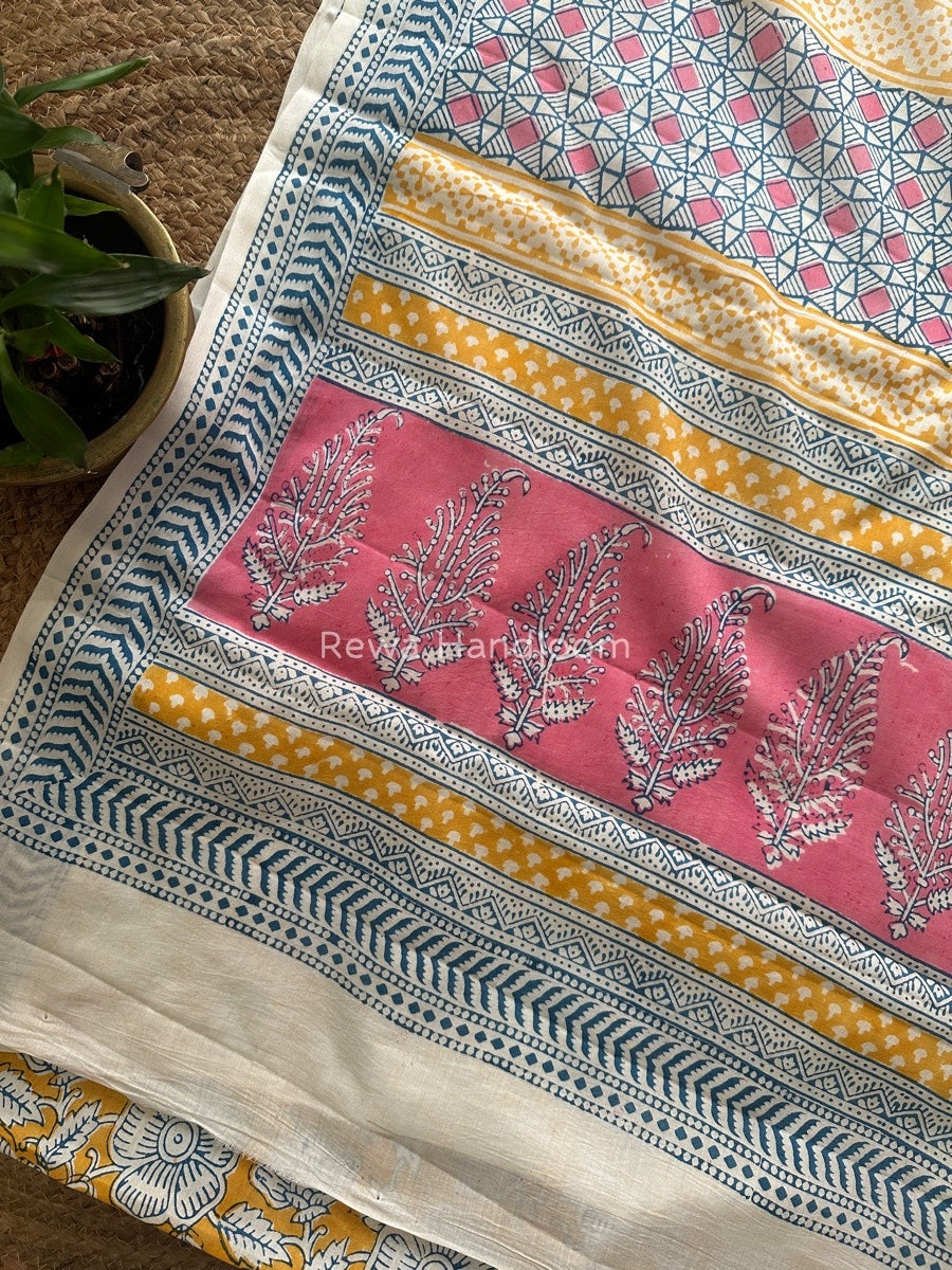 Yellow Indigo Cotton Saree IND013