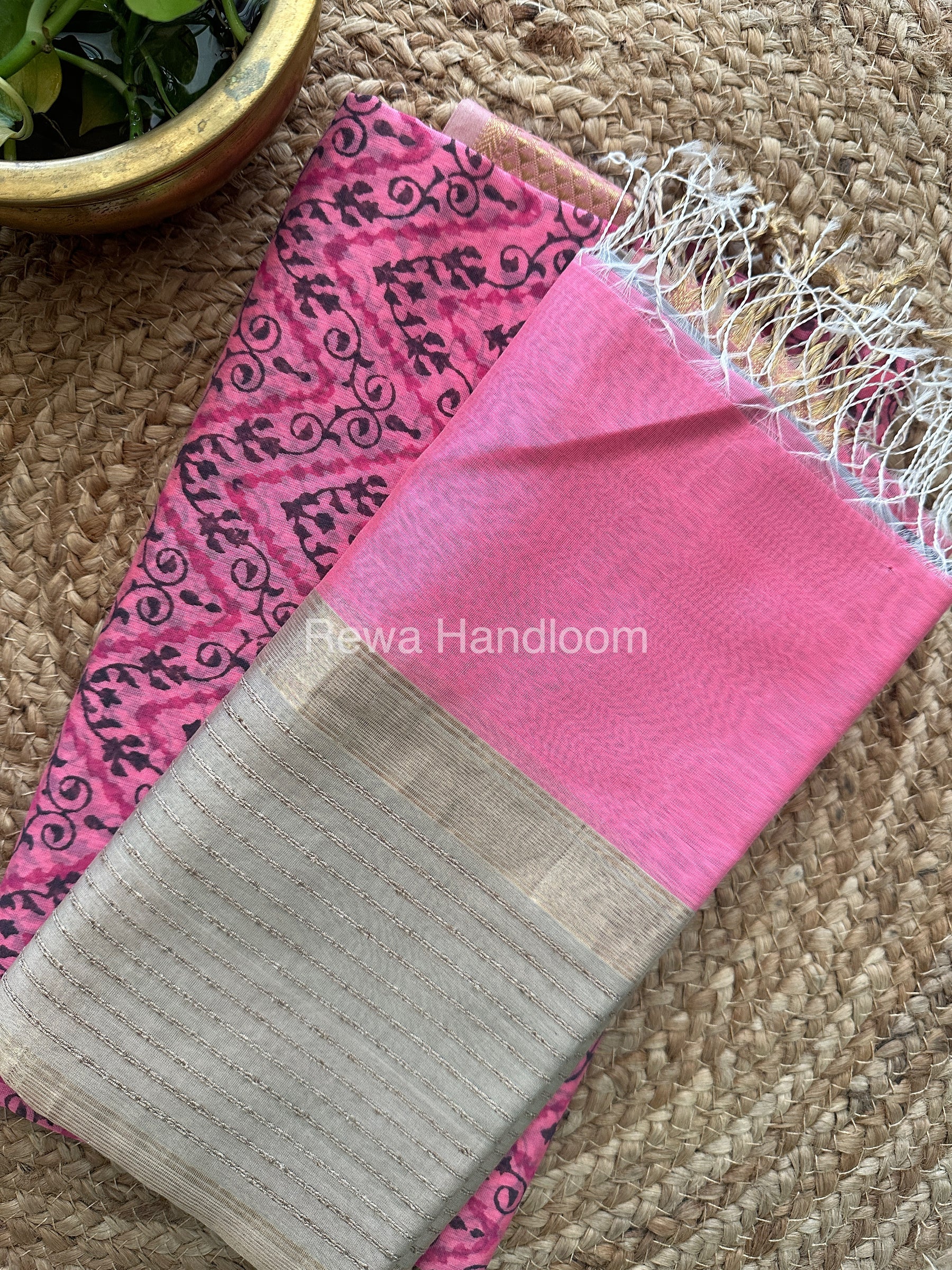 Maheshwari Pink-Grey Handblock Print Top-Dupatta-HBS067