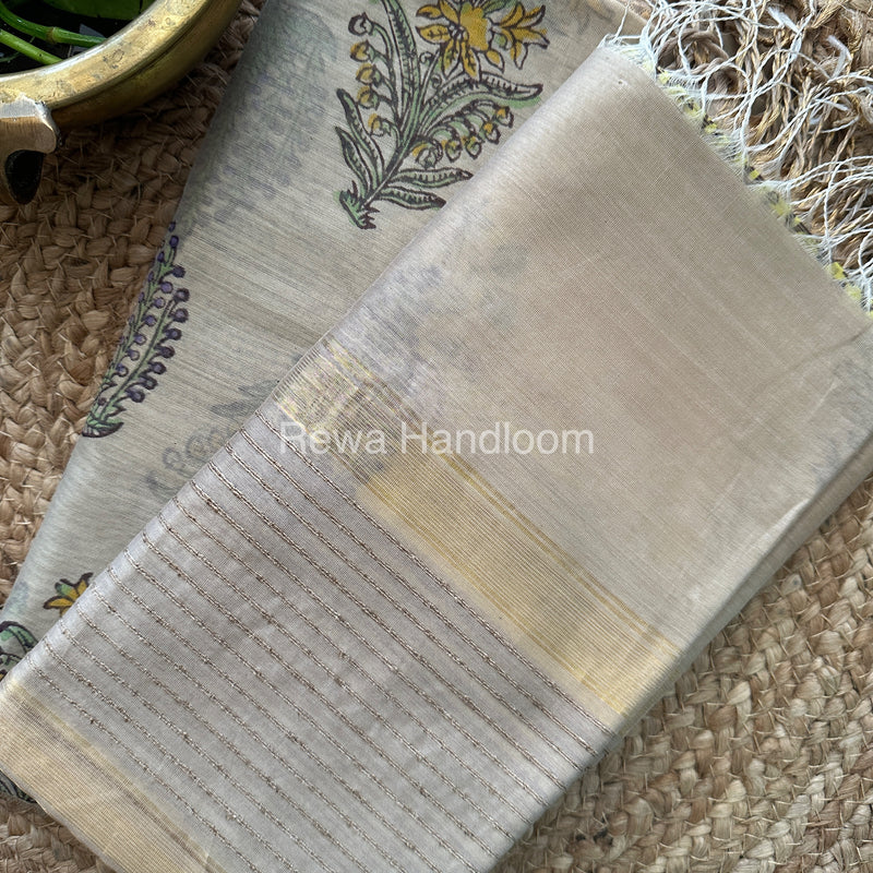 Maheshwari Tussar-Yellow Handblock Print Top-Dupatta-HBS047
