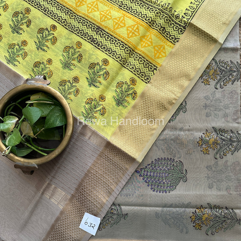 Maheshwari Tussar-Yellow Handblock Print Top-Dupatta-HBS047