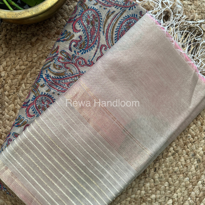Maheshwari Beige-Rani Pink Handblock Print Top-Dupatta-HBS069