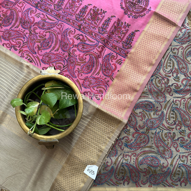 Maheshwari Beige-Rani Pink Handblock Print Top-Dupatta-HBS069