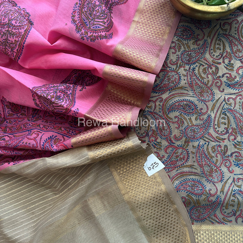 Maheshwari Beige-Rani Pink Handblock Print Top-Dupatta HBS069