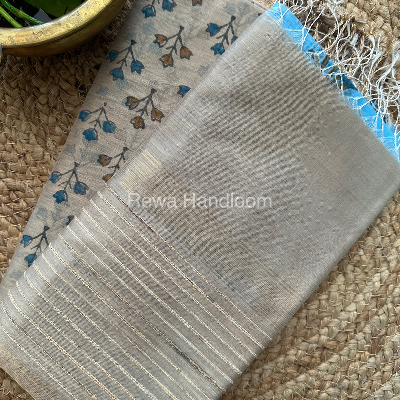 Maheshwari Tussar-Sky Blue Handblock Print Top-Dupatta-HBS066