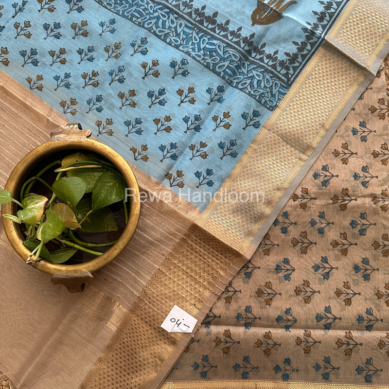 Maheshwari Tussar-Sky Blue Handblock Print Top-Dupatta-HBS066