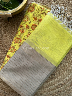 Maheshwari Yellow-Tussar Handblock Print Top-Dupatta-HBS065