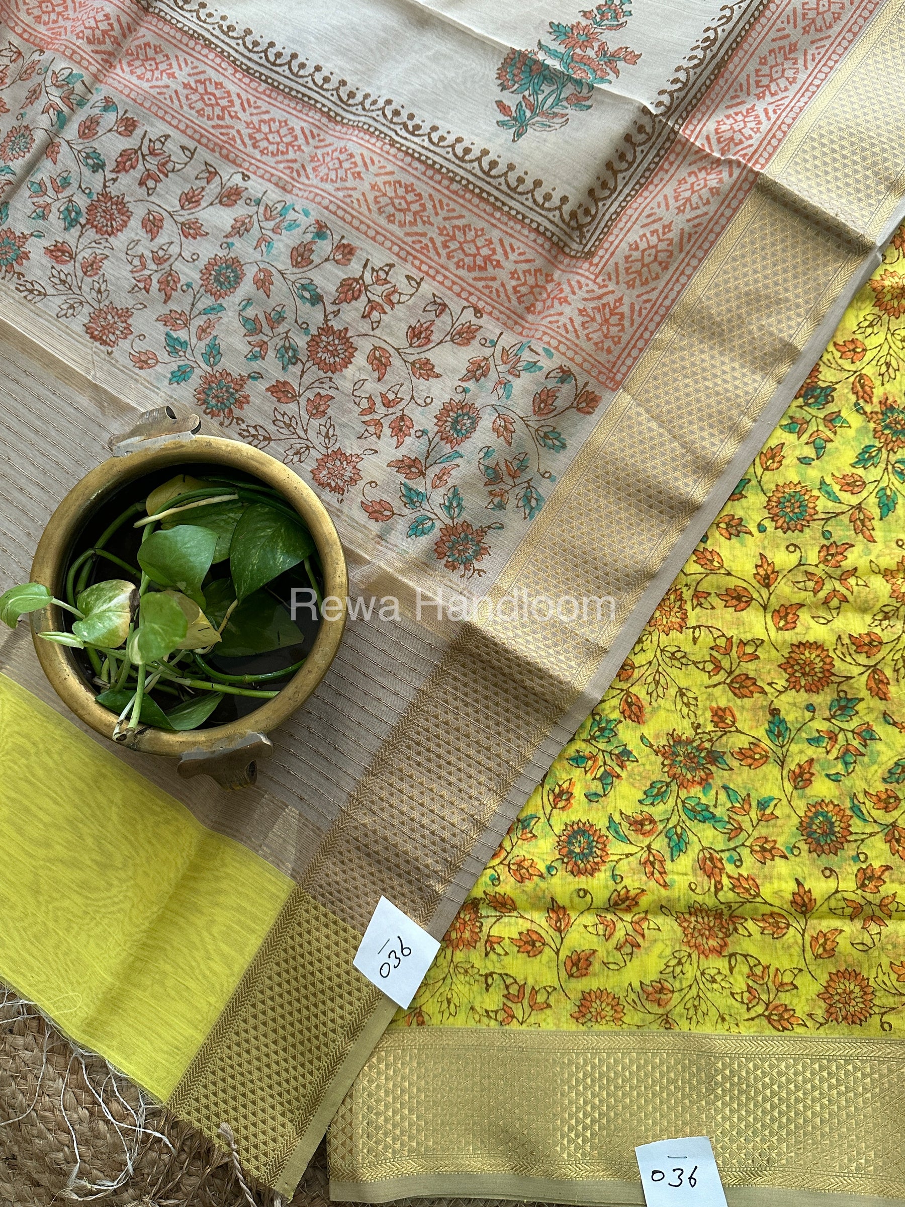 Maheshwari Yellow-Tussar Handblock Print Top-Dupatta HBS065