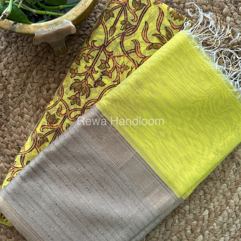 Maheshwari Yellow-Tussar Handblock Print Top-Dupatta HBS063