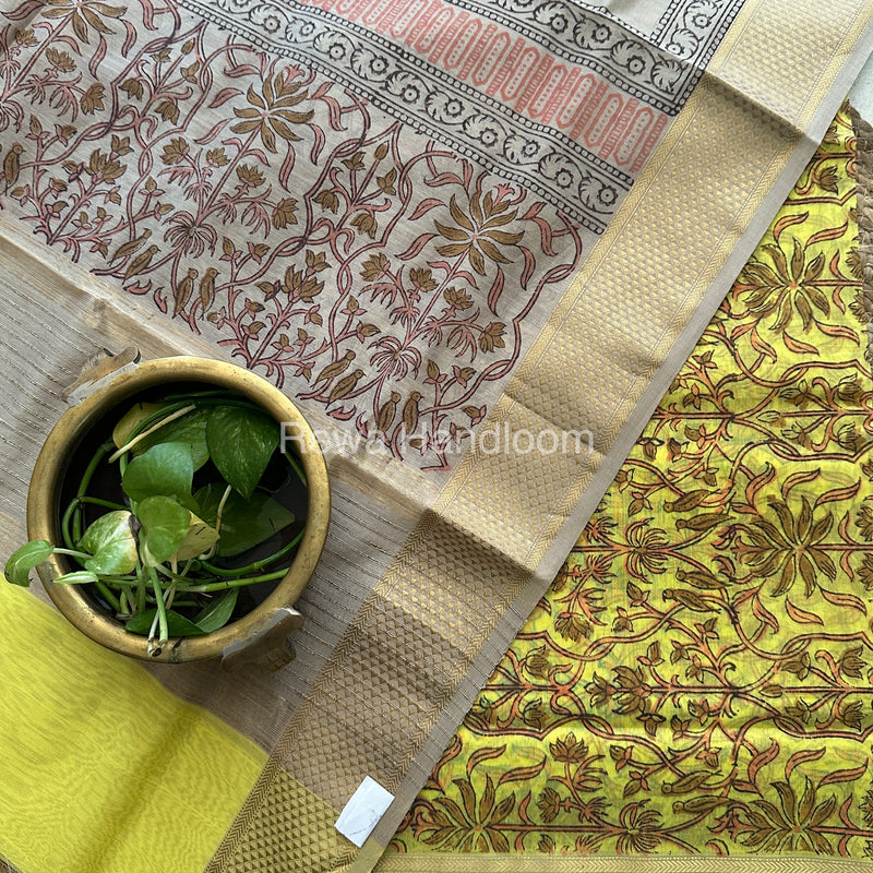 Maheshwari Yellow-Tussar Handblock Print Top-Dupatta HBS063