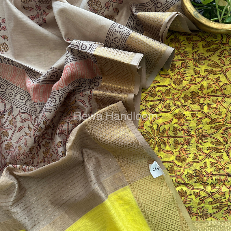 Maheshwari Yellow-Tussar Handblock Print Top-Dupatta HBS063