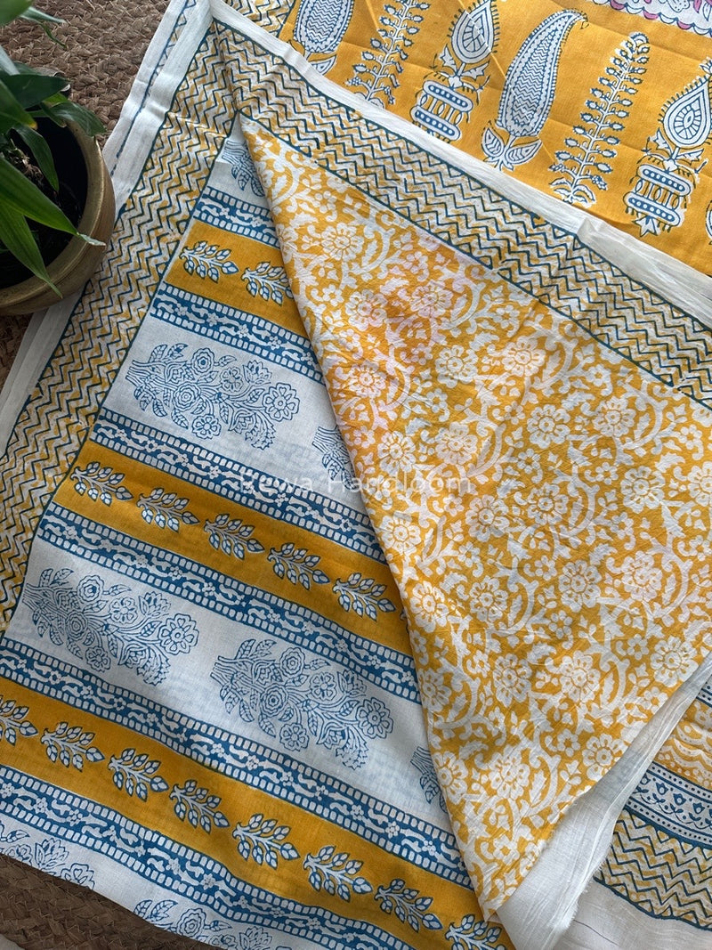 White Indigo Cotton Saree IND011