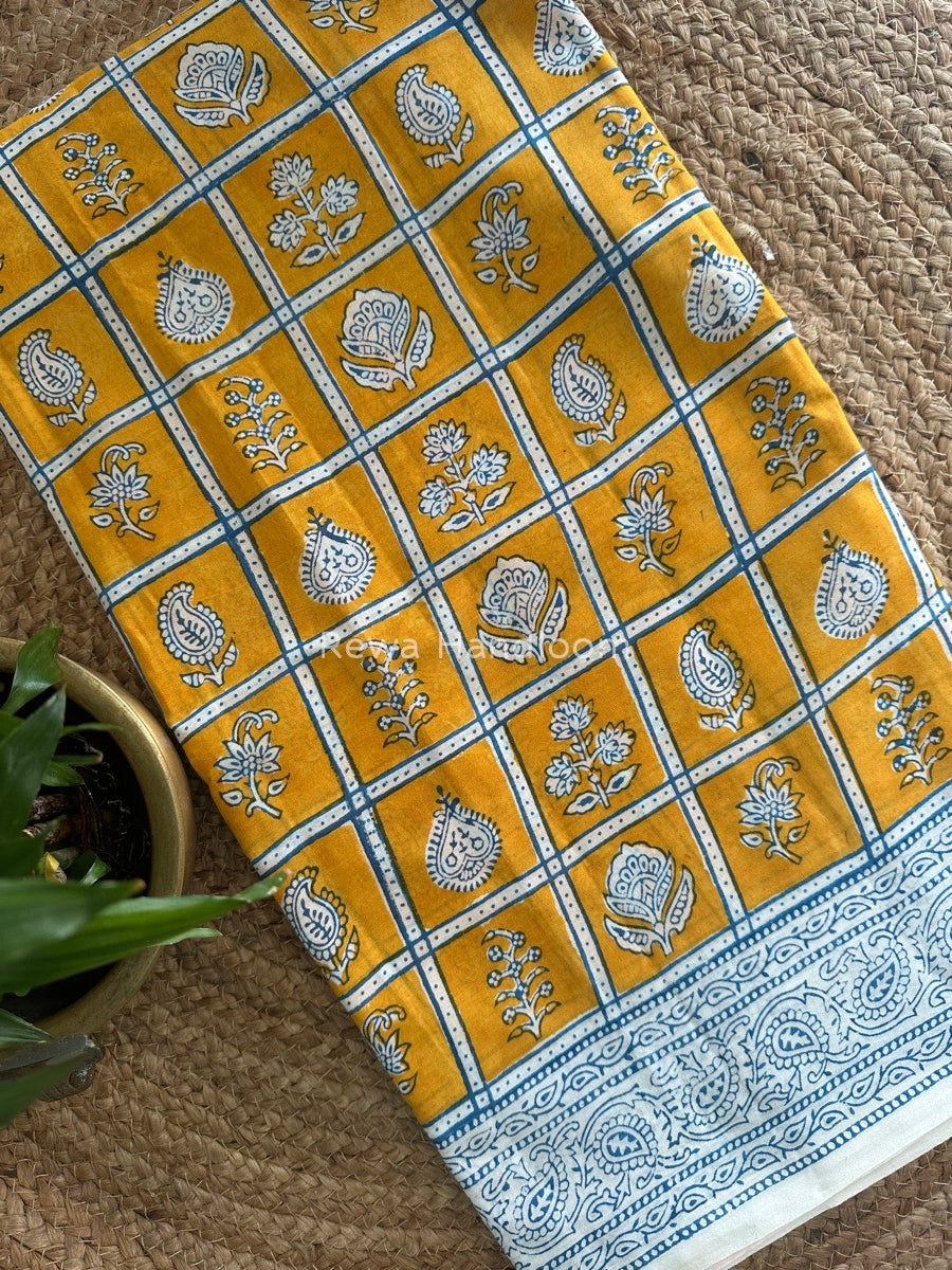 Yellow Indigo Cotton Saree IND027