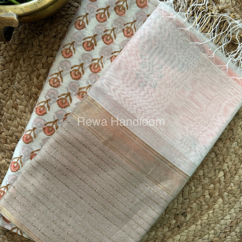 Maheshwari White-Peach Handblock Print Top-Dupatta-HBS050