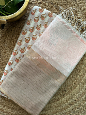 Maheshwari White-Peach Handblock Print Top-Dupatta-HBS050