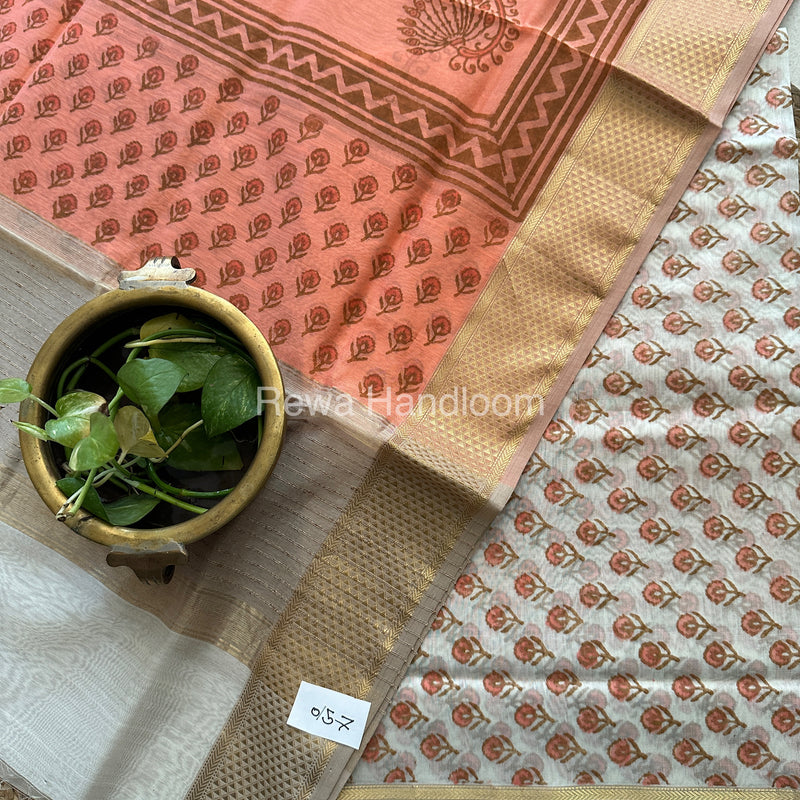 Maheshwari White-Peach Handblock Print Top-Dupatta-HBS050