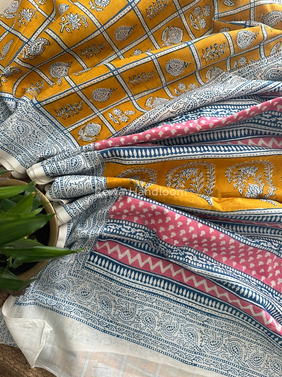 Yellow Indigo Cotton Saree IND027