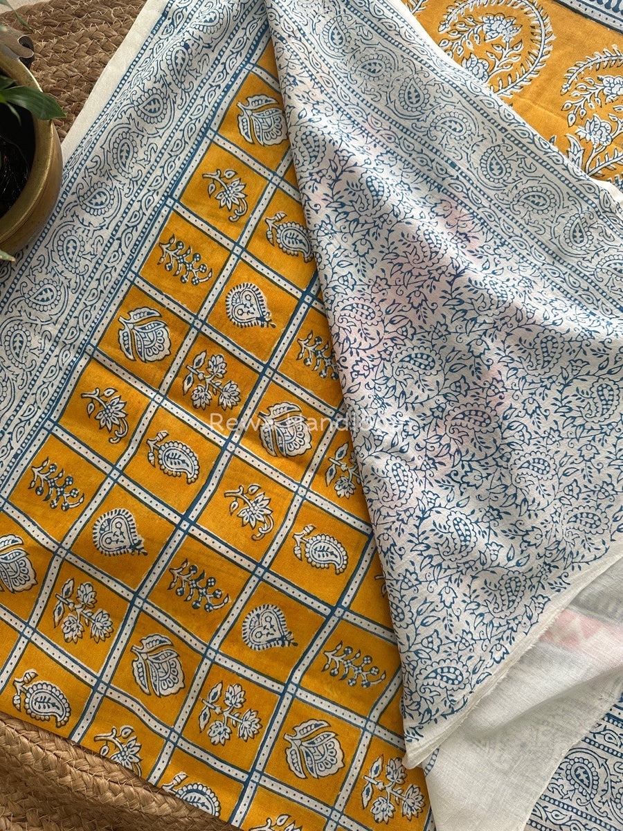 Yellow Indigo Cotton Saree IND027
