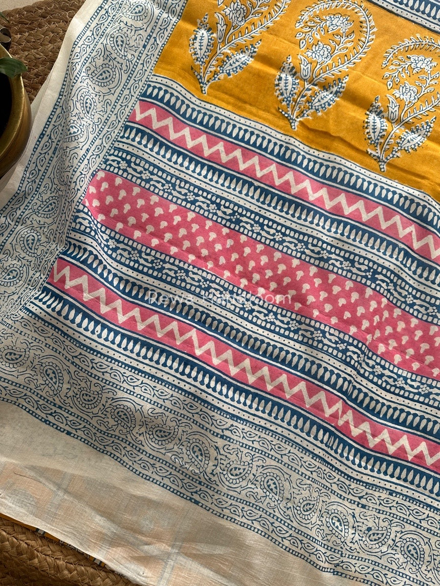 Yellow Indigo Cotton Saree IND027
