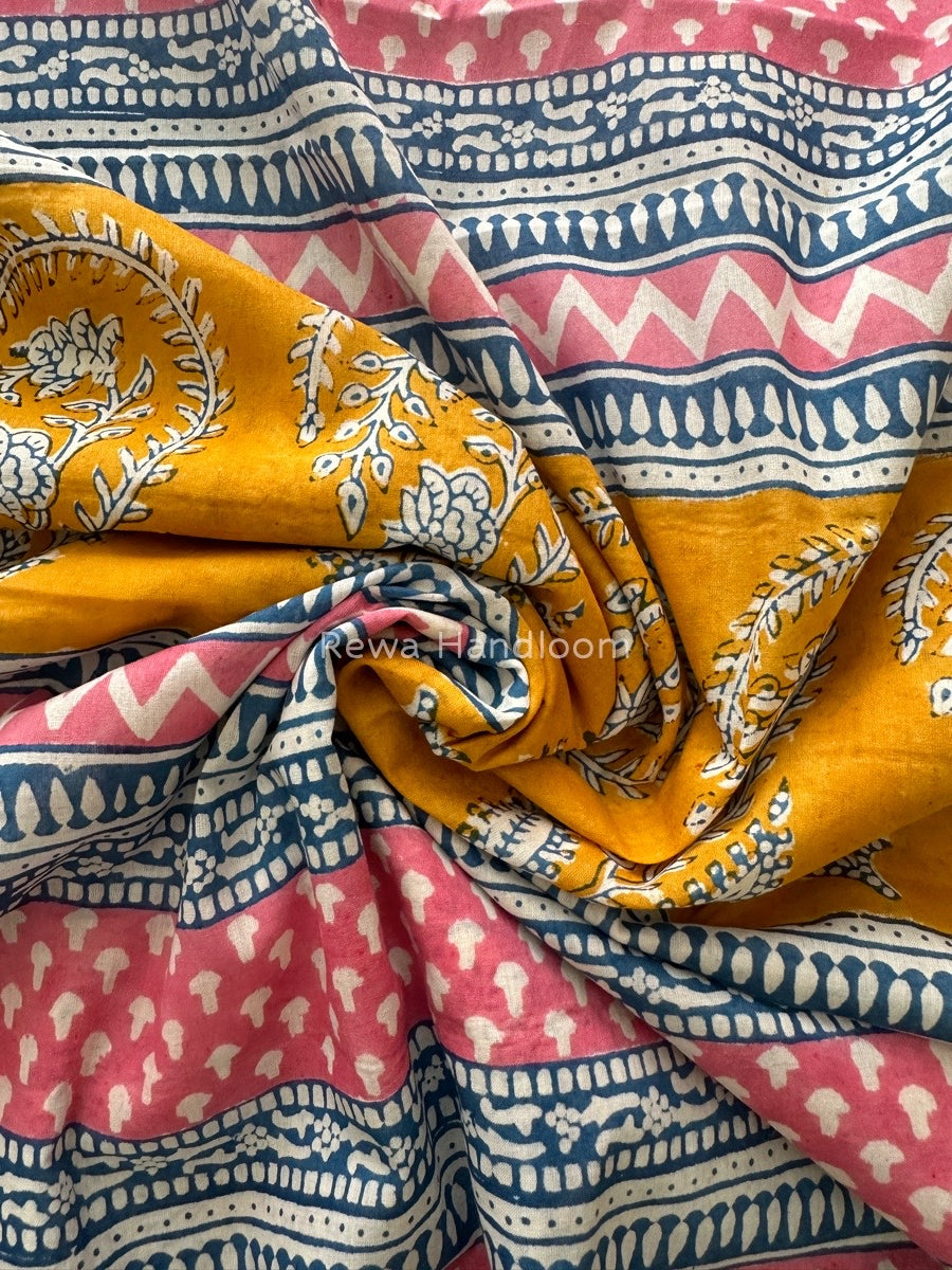 Yellow Indigo Cotton Saree IND027