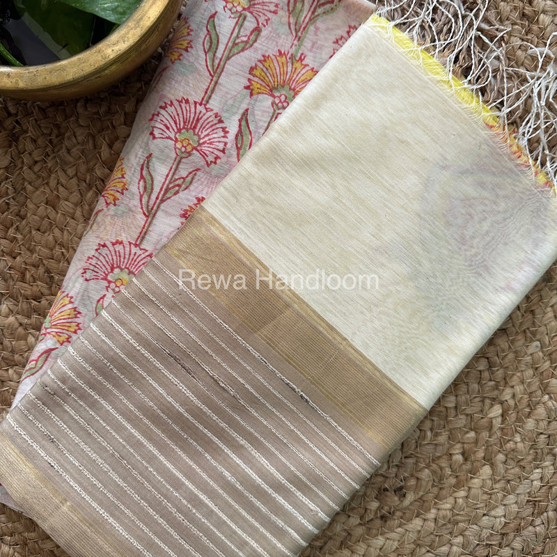 Maheshwari White-Yellow Handblock Print Top-Dupatta-HBS061