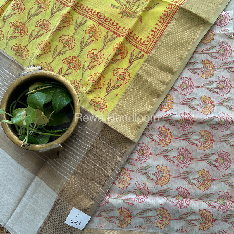 Maheshwari White-Yellow Handblock Print Top-Dupatta-HBS061