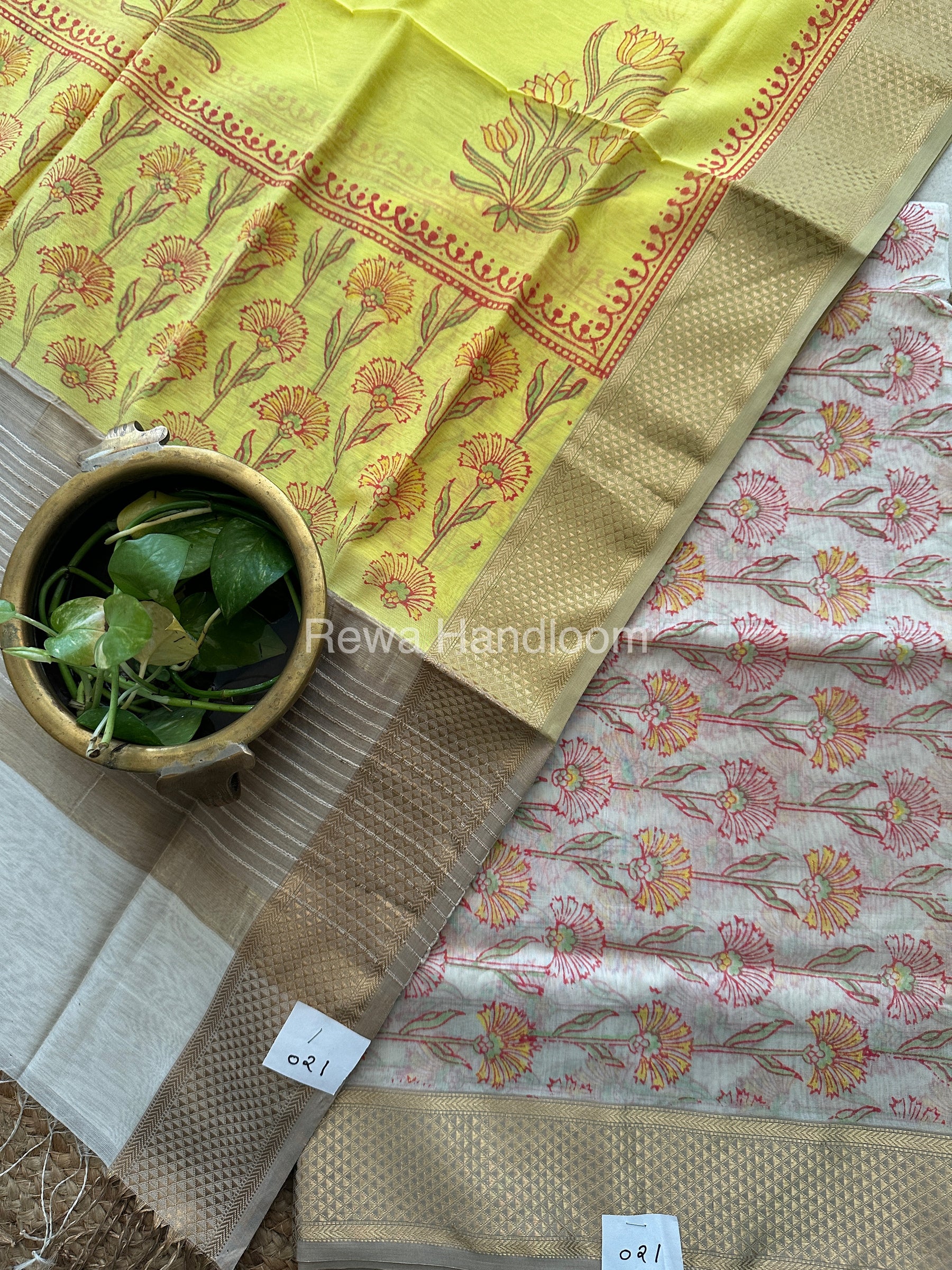 Maheshwari White-Yellow Handblock Print Top-Dupatta-HBS061