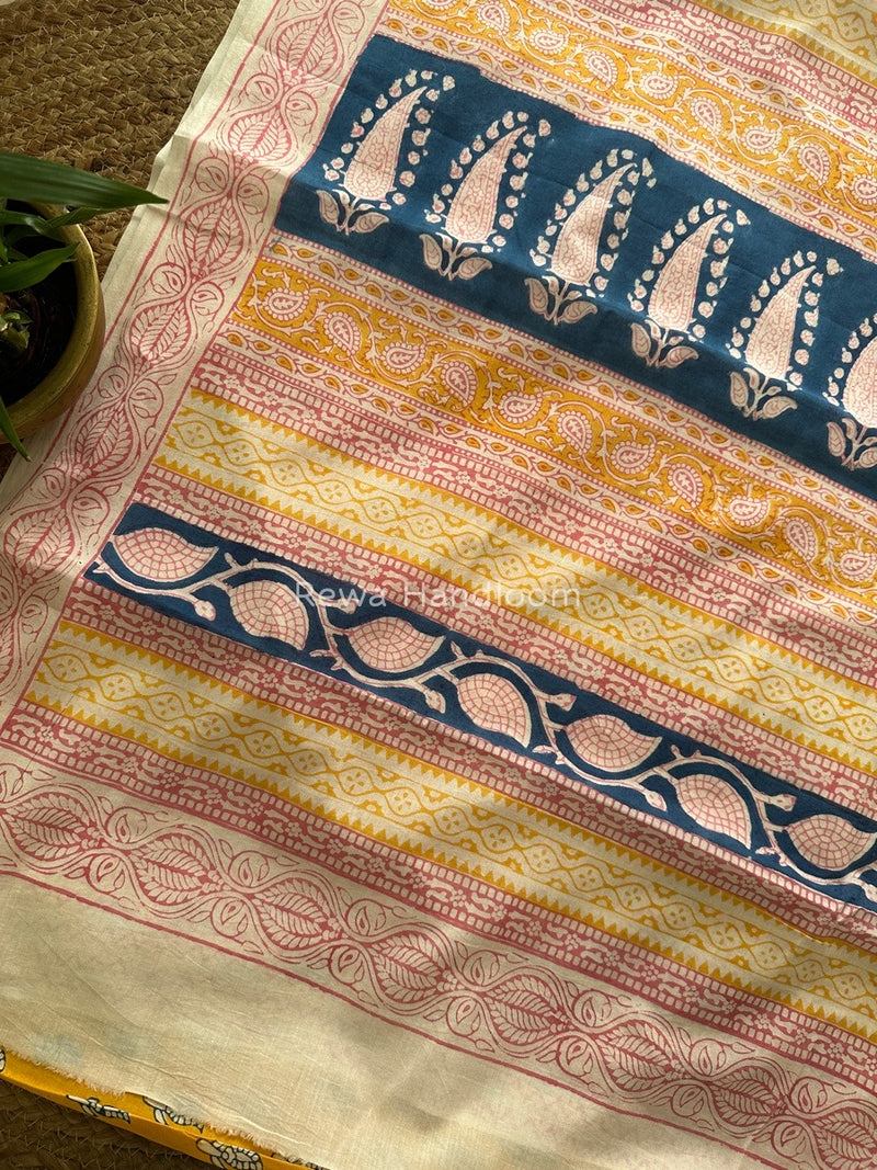Yellow Indigo Cotton Saree IND015