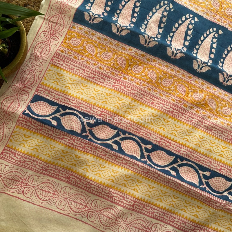 Yellow Indigo Cotton Saree IND015