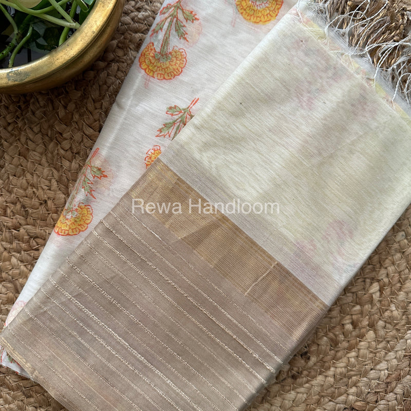Maheshwari White-Yellow Handblock Print Top-Dupatta-HBS075