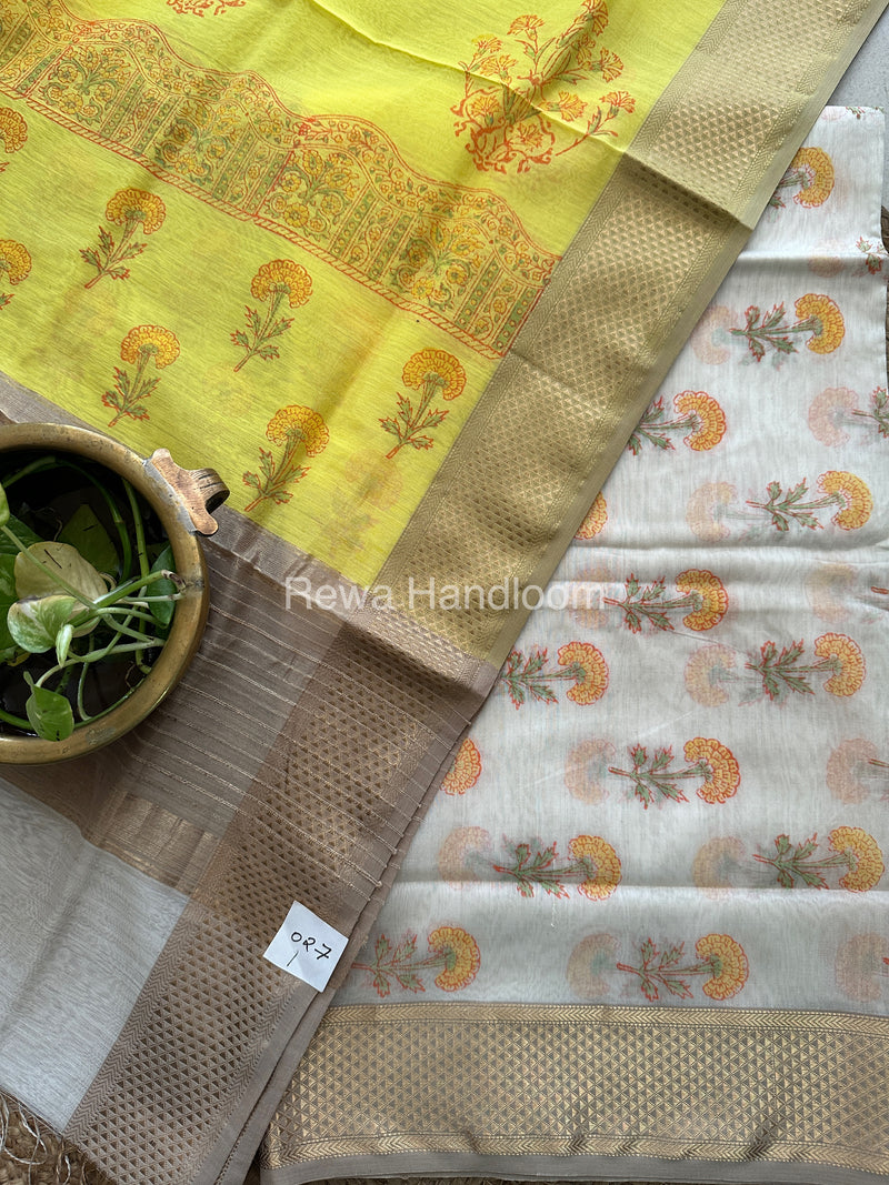 Maheshwari White-Yellow Handblock Print Top-Dupatta-HBS075
