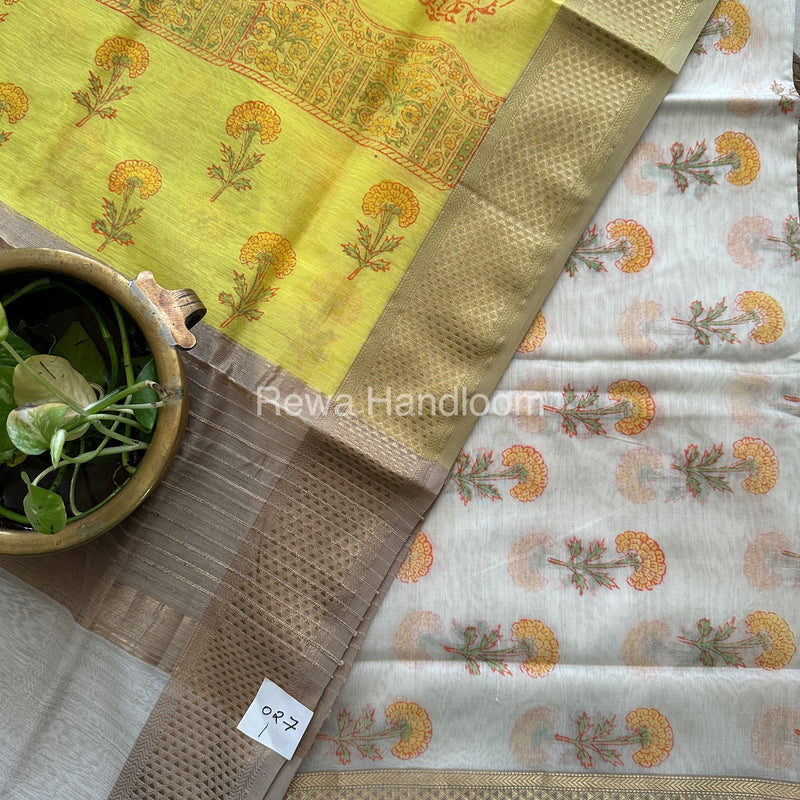 Maheshwari White-Yellow Handblock Print Top-Dupatta-HBS075
