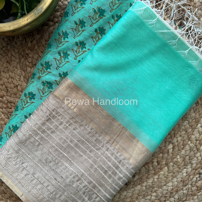 Maheshwari Sea Green-White Handblock Print Top-Dupatta-HBS077